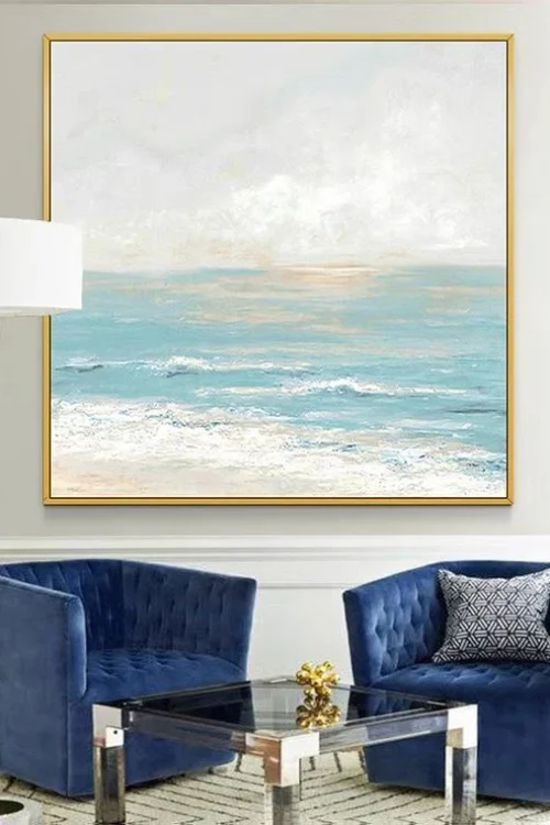 100% Handmade blue sea level Canvas Painting Modern Ocean Seascape Artwork Pictures Thick Oil Wall Art Decoration 80×80