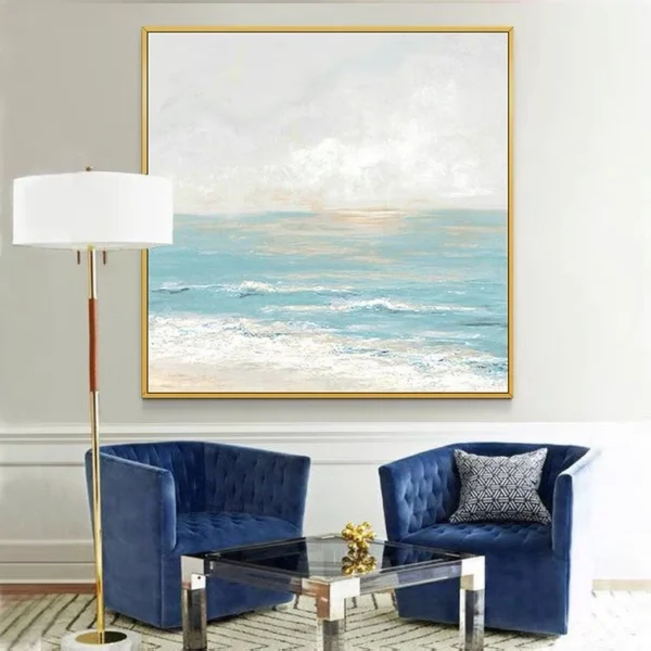 100% Handmade blue sea level Canvas Painting Modern Ocean Seascape Artwork Pictures Thick Oil Wall Art Decoration 70x70