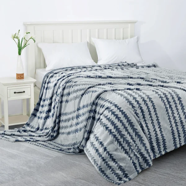 Back Printing Shaved Flannel Plush Blanket; Blue Stripe Blanket for Bed or Sofa; 80" x 90" ( Set of 2) - Image 4