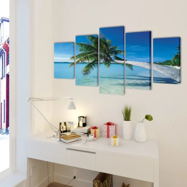 Canvas Wall Print Set Sand Beach with Palm Tree 39" x 20" - Image 2