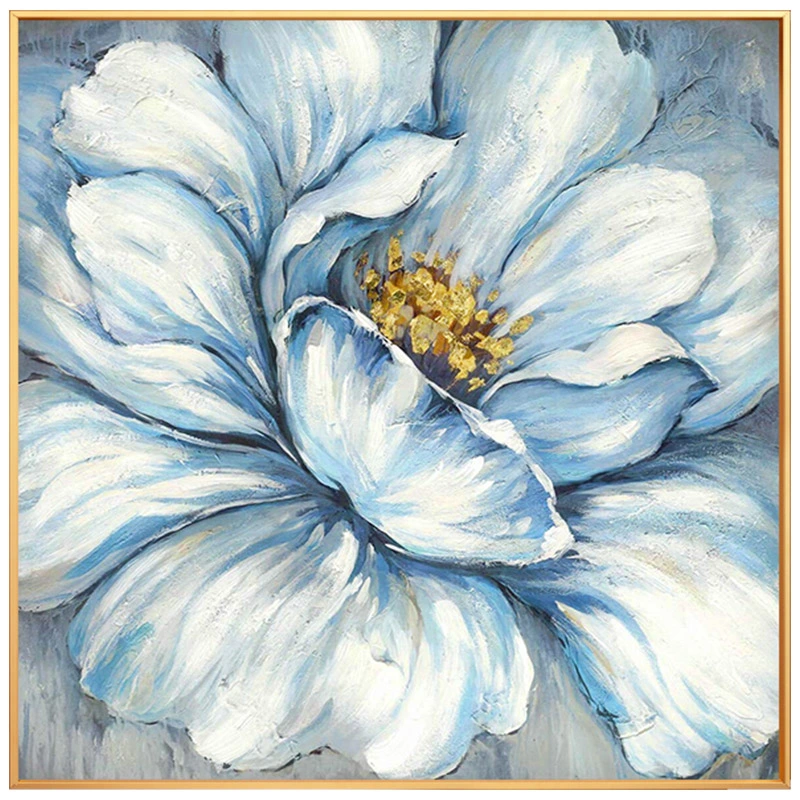 Handmade Gold Foil Abstract Oil Painting Wall Art Modern Minimalist Blue Color Flowers Canvas Home Decorative For Living Room No Frame 80x80 - Image 2