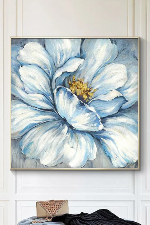 Handmade Gold Foil Abstract Oil Painting Wall Art Modern Minimalist Blue Color Flowers Canvas Home Decorative For Living Room No Frame 80×80