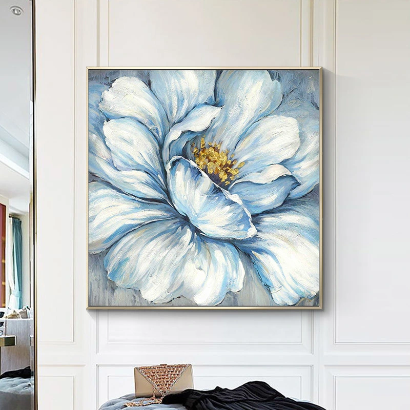 Handmade Gold Foil Abstract Oil Painting Wall Art Modern Minimalist Blue Color Flowers Canvas Home Decorative For Living Room No Frame 80x80