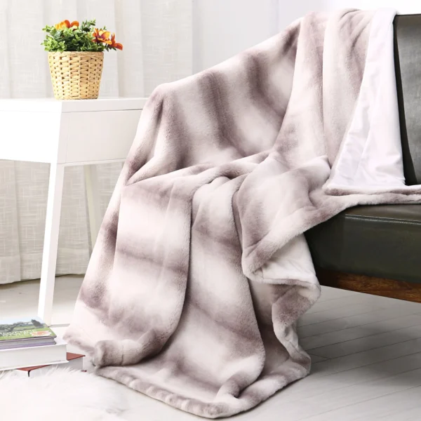 Printed Faux Rabbit Fur Throw; Lightweight Plush Cozy Soft Blanket; 50" x 60"; Coffee Stripe - Image 2