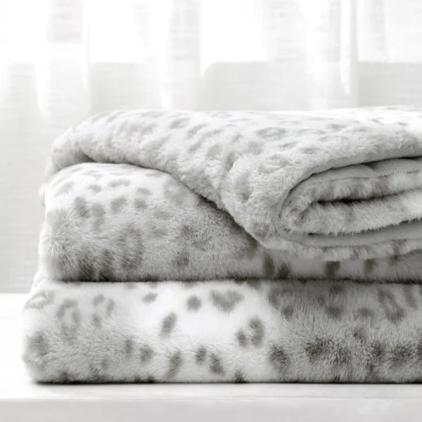 Printed Faux Rabbit Fur Throw; Lightweight Plush Cozy Soft Blanket; 50" x 60"; Grey Leopard - Image 2