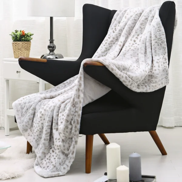 Printed Faux Rabbit Fur Throw; Lightweight Plush Cozy Soft Blanket; 50" x 60"; Grey Leopard - Image 3