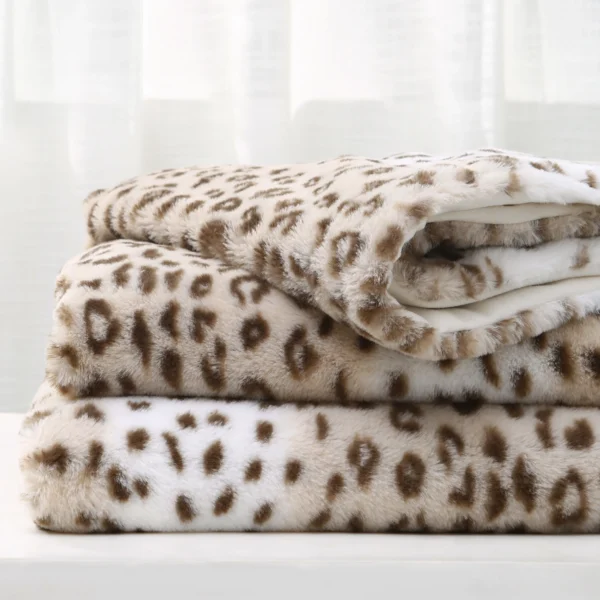 Printed Faux Rabbit Fur Throw; Lightweight Plush Cozy Soft Blanket; 50" x 60"; Sand Leopard - Image 2