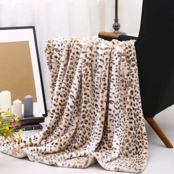 Printed Faux Rabbit Fur Throw; Lightweight Plush Cozy Soft Blanket; 50" x 60"; Sand Leopard (2 Pack Set of 2) - Image 4