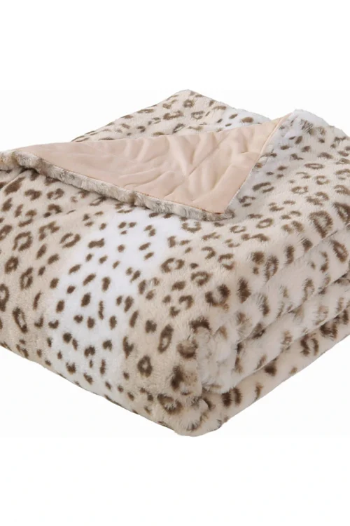 Printed Faux Rabbit Fur Throw; Lightweight Plush Cozy Soft Blanket; 50" x 60"; Sand Leopard