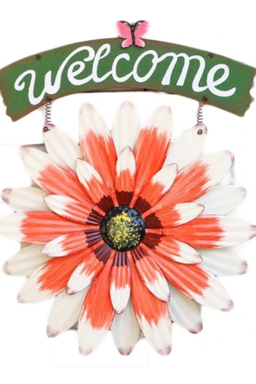 Red African Daisy Iron Wall Art Decor Door Welcome Plaque Sign Garden Villa Metal Door Hanging Ornament